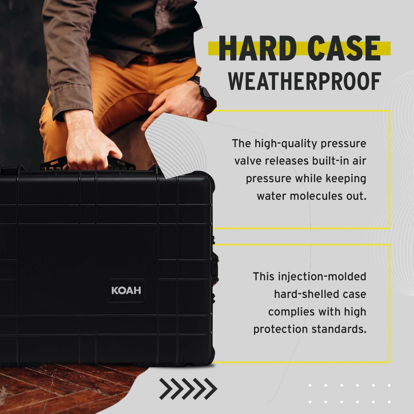 Koah Weatherproof Wheeled Plastic Hard Case with Customizable Foam, Retractable Handle, and Trolley Wheels (25.0" x 20.0" x 12") For Cameras, Drones, And Gear