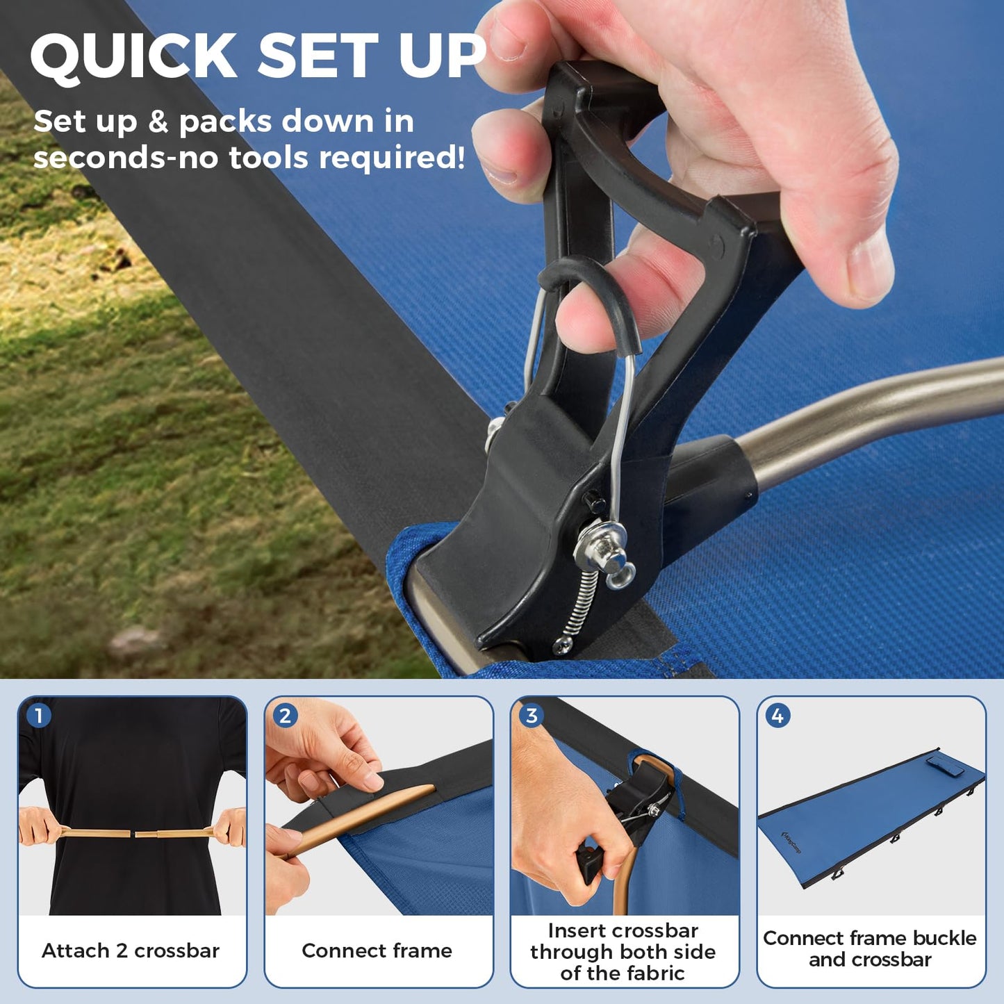 KingCamp Ultralight Camping Cot, Portable Folding Sleeping Cot for Adults, 265 Lbs Heavy Duty Compact Bed for Outdoor Backpacking Travel Hiking, Extra Wide 75 x 25 Inches, Blue Black