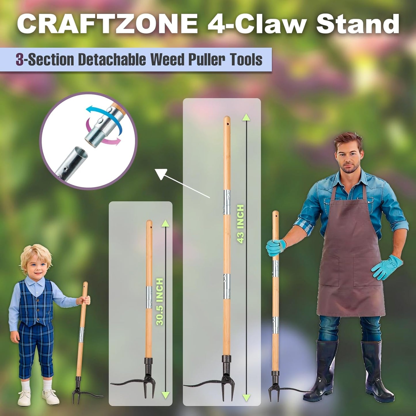 Skiennix Stand-Up Weed Puller Tool - 4-Claw Steel Head with Wooden Handle | Effortlessly Remove Weeds Without Bending