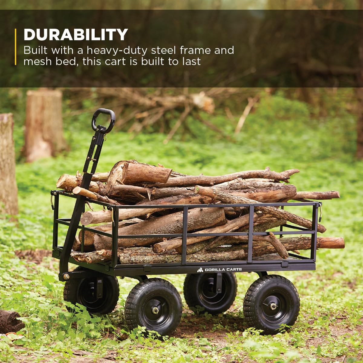 Gorilla Carts Steel Utility Cart, 9 Cu Ft Bed, 1200 lb Load Capacity, Black – Towable Heavy-Duty Outdoor Hauling Wagon with Removable Side Panels for Yard, Lawn, Garden or Landscaping