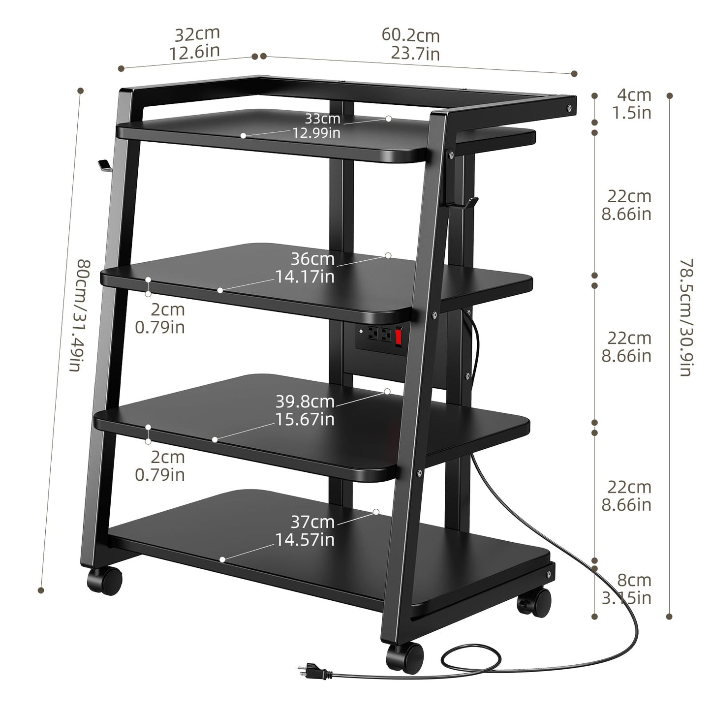 CABTE Mobile AV Media Stand with Outlets and 4 Rolling Caster Wheels, 4-Tier Rolling TV Stand for Gaming Console, Stereo, DVD Player, Sturdy Metal Frame, Versatile Living Room,Bedroom (Black)