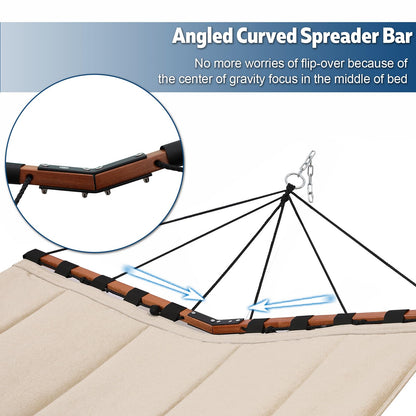TegerDeger 12FT 2 Person Hammock with V Shaped Hardwood Spreader Bar & Nylon Rope for Outside, Patio, Garden, Backyard, Beach, Poolside, 450LB Capacity, 55in x 79in - Beige