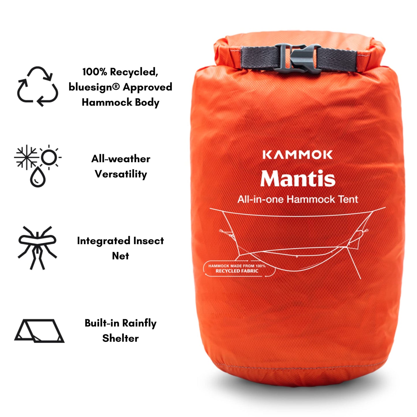 KAMMOK Mantis Ultra Light Hammock, All Seasons, Mosquito Net, Storage Bag, Camping, Outdoor Activities - Ember Orange