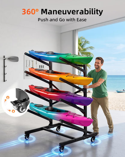 Ultrawesome 4-Tier Single-Sided Kayak Storage Rack with Wheels, Heavy Duty Freestanding Canoe Stand for 4 Kayaks, 400lbs Capacity, Adjustable Arms, Indoor Outdoor Garage Shed Dock Use