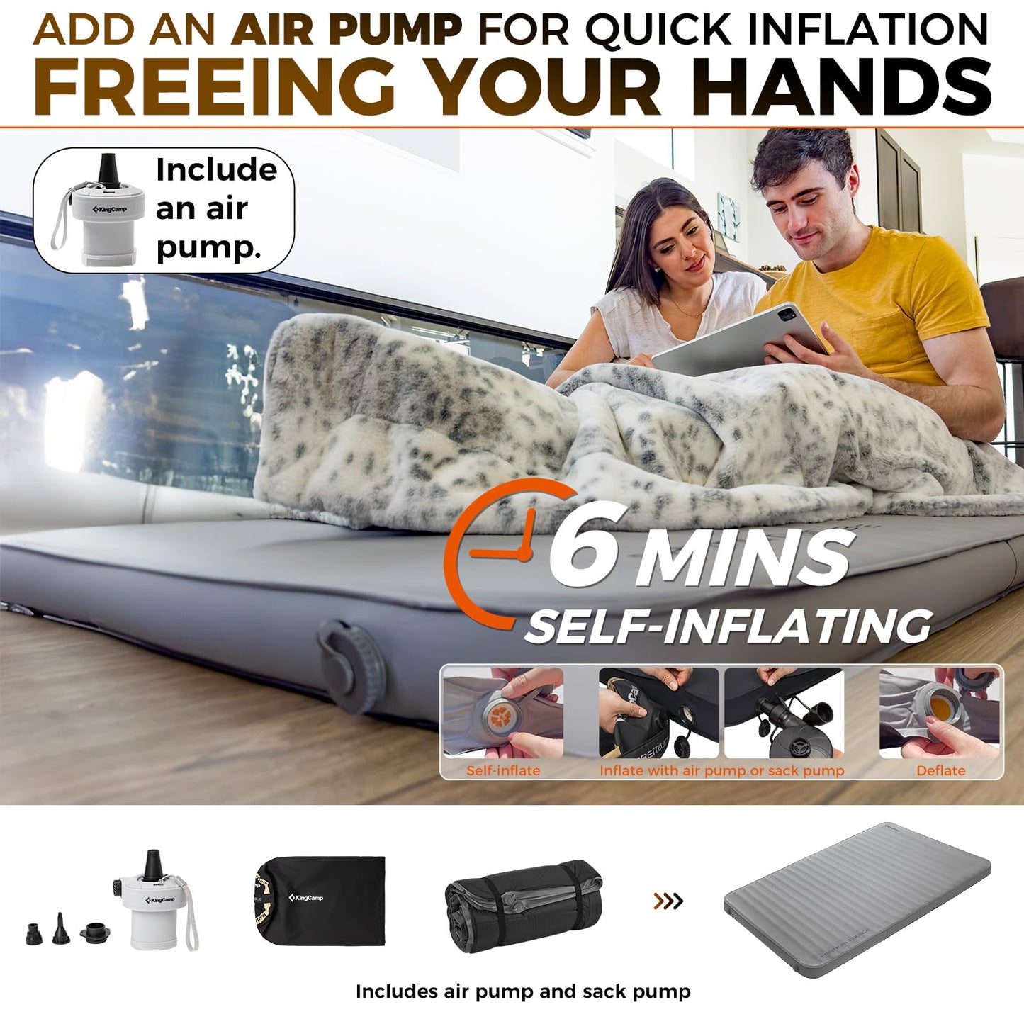 KingCamp Premium Double Self Inflating Sleeping Pad with Air Pump, 7.5 R-Value Air & Foam Camping Mattress 2 Person, 3" Thick Full Size Double Insulated Sleeping Pad for Car Camp Tent, PVC Free, Grey