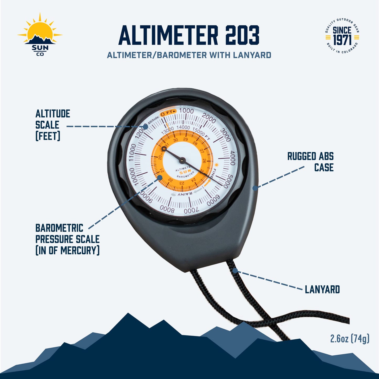 Sun Company Altimeter 203 - Battery-Free Altimeter and Barometer | Weather-Trend Indicator with Rugged ABS Case and Lanyard | Reads Altitude from 0 to 15,000 Feet