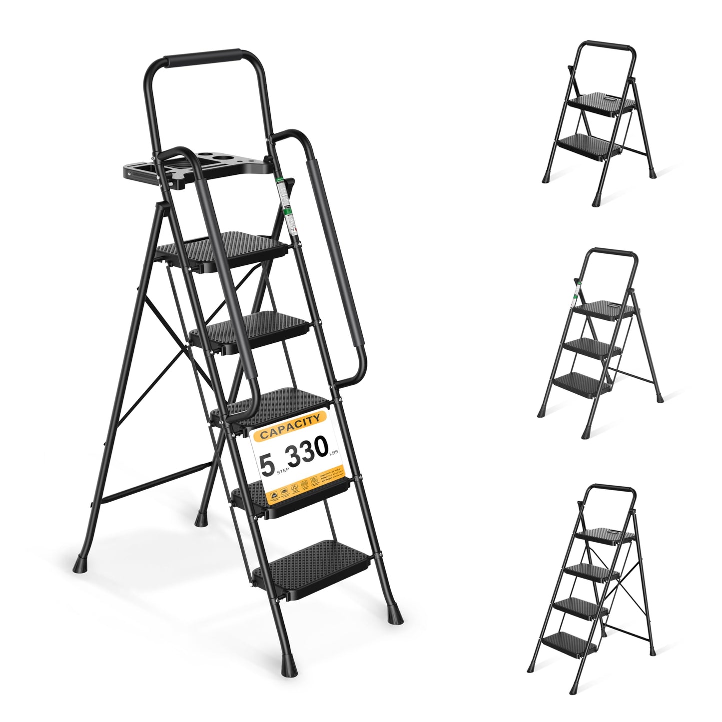 Arbusb Step Ladder, Folding Step Stool with Wide Anti-Slip Pedals, Sturdy Steel Ladder with Handrail, Space-Saving, Portable for Home & Adults, 5 Step Ladder