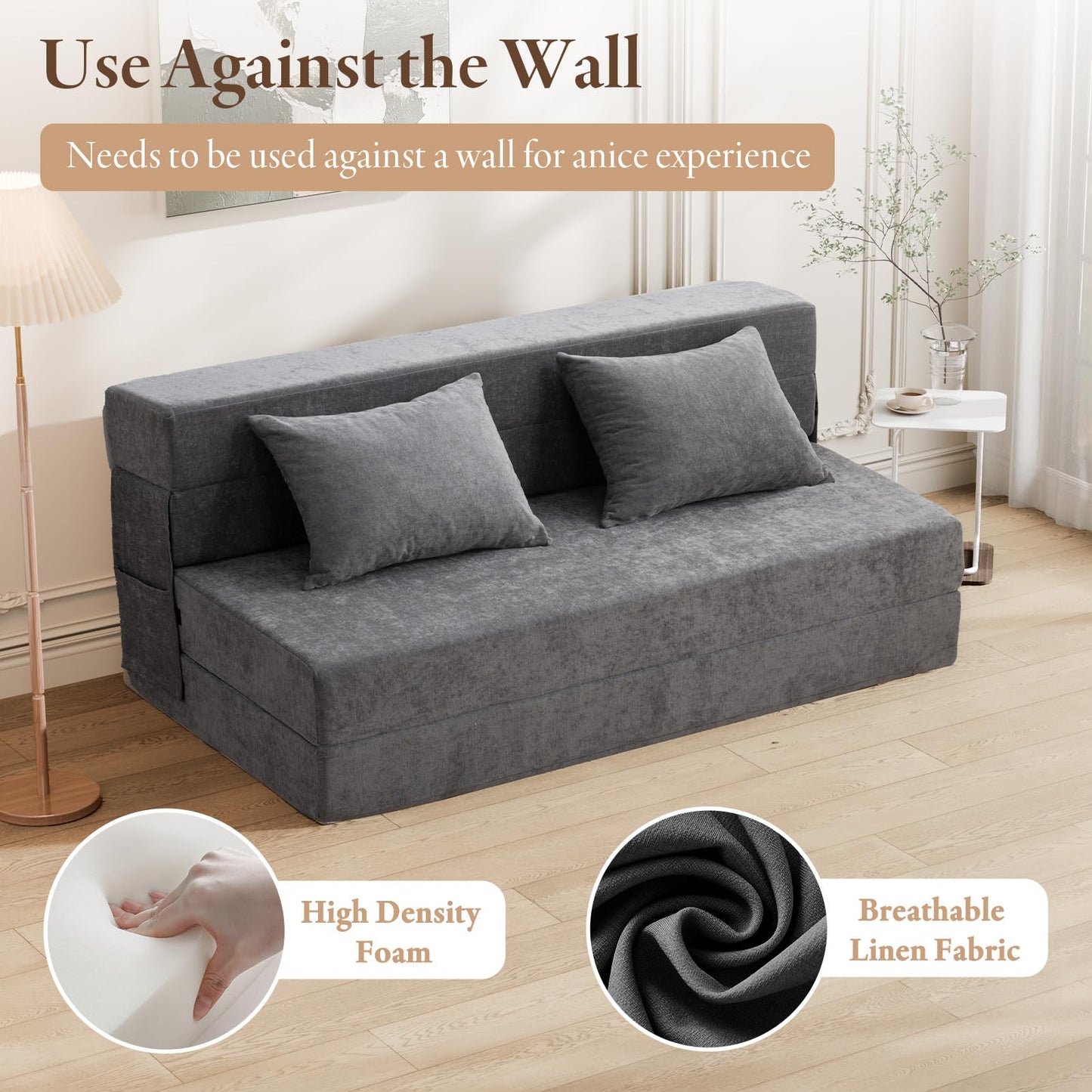 HOMFINE Folding Sofa Bed - Convertible Sleeper Chair with Pillow, Fold Out Couch, Memory Foam Floor Mattress, Futon Couch, Lazy Sofa for Living Room/Dorm/Guest Room/Home Office, Queen, Grey