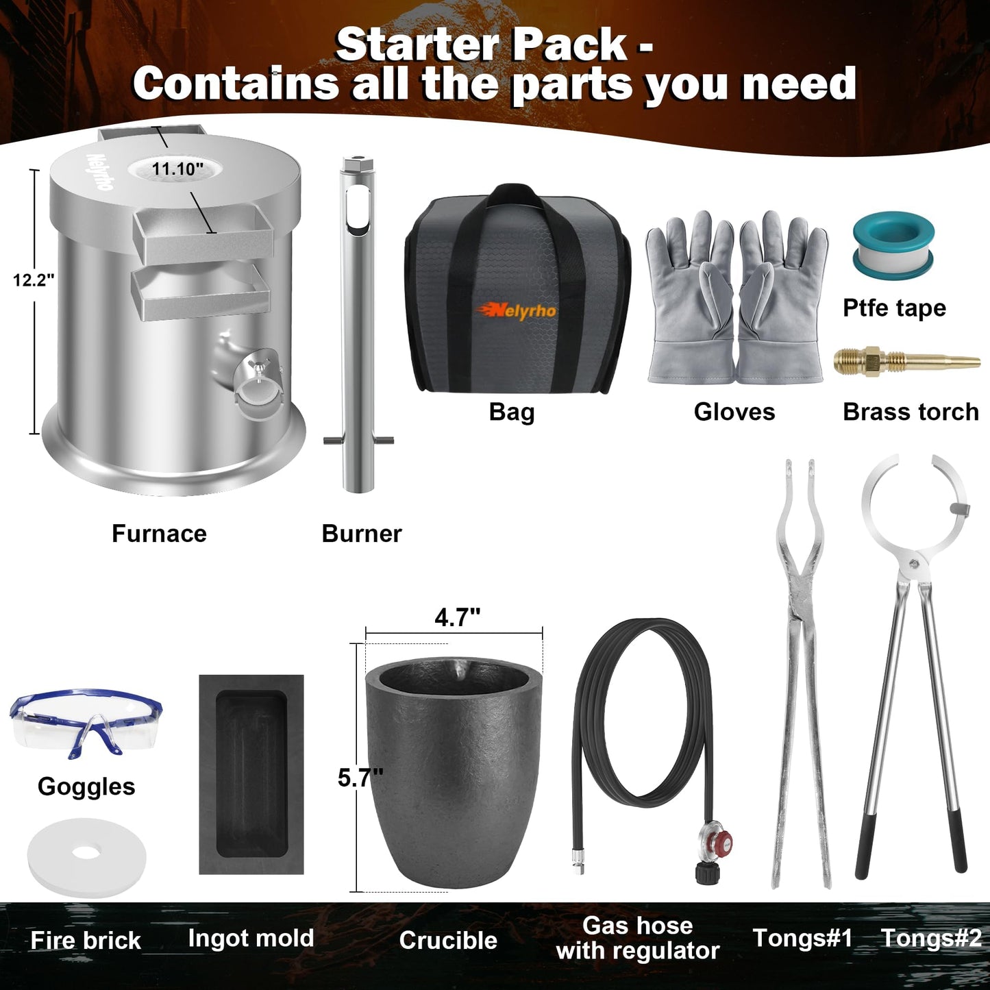 Nelyrho 6KG Melting Furnace Kit, Stainless Steel Foundry with Crucible Tongs, Ingot Mold, Goggles, Gloves, Carry Bag, Ideal for Smelting Silver, Copper, and Aluminum, Metal Recycling Casting Tool