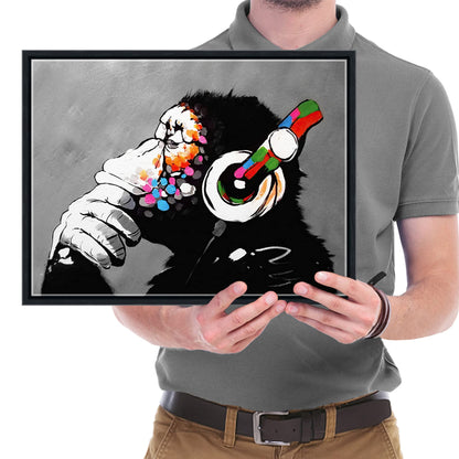 Wieco Art Black Framed Monkey With Headphones Banksy Graffiti Art Abstract Canvas Paintings Prints Animal Canvas Wall Art for Wall Decor and Home decorations Office Decor