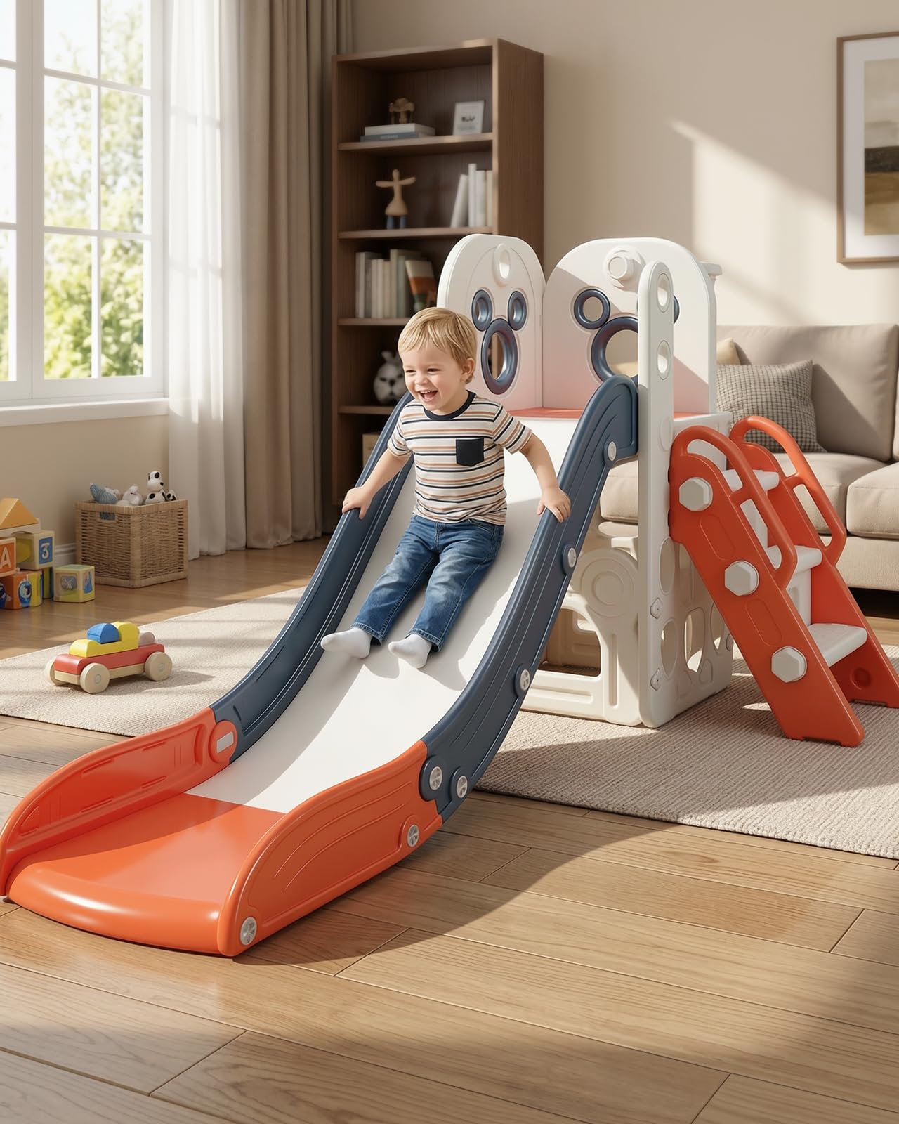 CHIIRAKU Toddler Slide L-Shaped, 5 in 1 Kids Slide Climber for Toddler, with Ball & Hoop, Indoor Outdoor Baby Playset, Anti-Slip, 65IN/165CM,Toy Storage, Ideal for Boys Girls Birthday