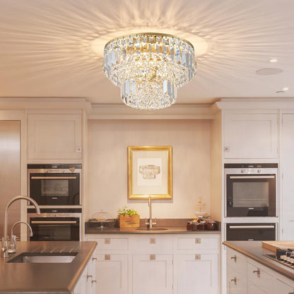 Bestier Modern Flush Mount Chandelier, Gold, LED Ceiling Light Fixture, 4 G9 Bulbs Required, 13in Diameter x 9in Height, Model AK-AJ-18176