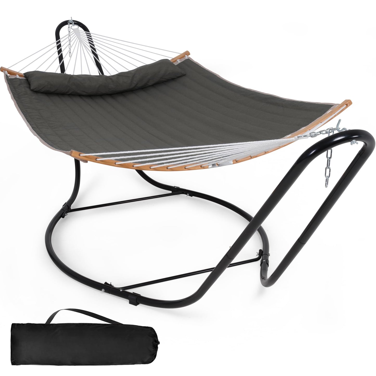 SUNCREAT Double Hammock with Curved Spreader Bar, Hammock with Stand Included 2 Person, Patent Pending, Dark Gray
