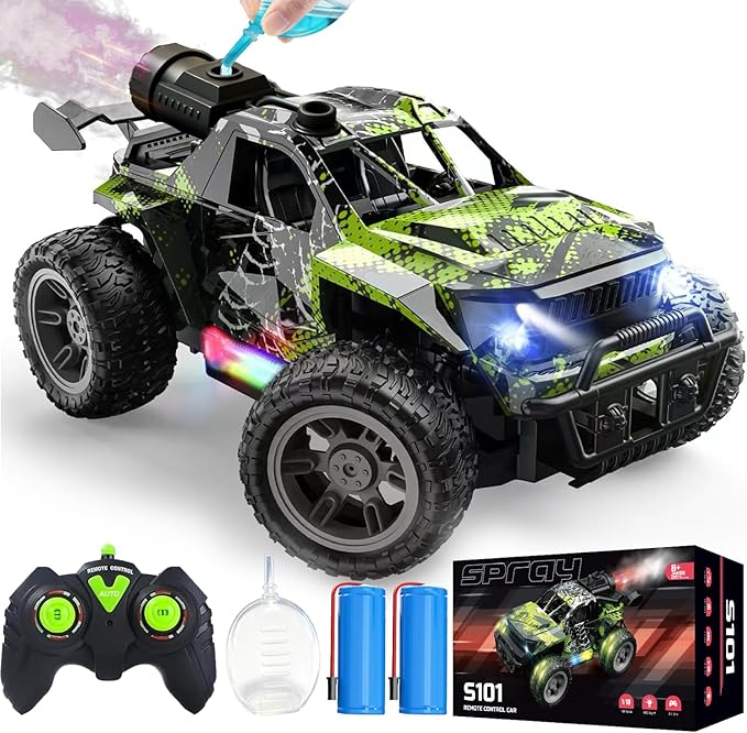 1:18 RC Monster Truck for Boys Kids 4-7-8-12 All-Terrain Off-Road Remote Control Car with LED Lights &amp Spray 40 Min Playtime 2.4GHz Fast Response Graffiti Jeep Toy Easter Gift RC Car for Kids
