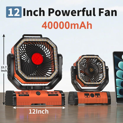 EEIFO 12 Inch Portable Camping Fan, 40000mAh Rechargeable Battery Powered Fan with 4 Speeds Wind and LED Light 140H, Cool & Warm Light and SOS Mode, Auto Oscillating, 360° Rotating Hang Hook(Orange)