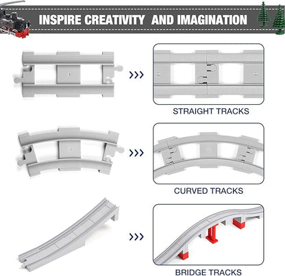 34 Pieces Train Bridge Tracks Classic Railway Track with 12 Curved Tracks 12 Straight and Bridge Tracks - Compatible with All Major Brands Toy Track Accessory for Kid Light Grey