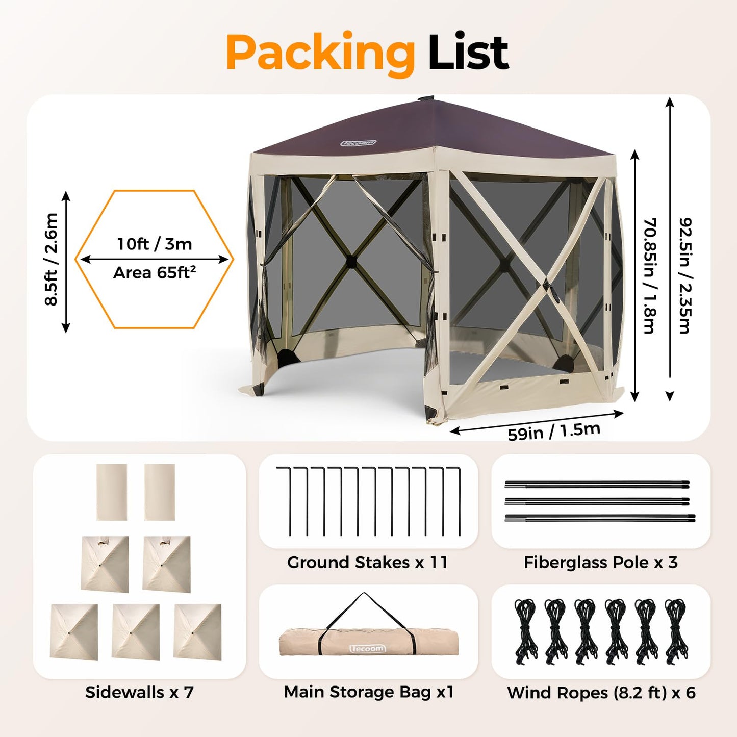 Tecoom 6-Sided Pop Up Gazebo Tent, Screen House with Mosquito Netting Canopy for Camping, 10x10ft Portable Sun Shelter Removable Siedwalls for Outdoor, Garden, Activities, Khaki