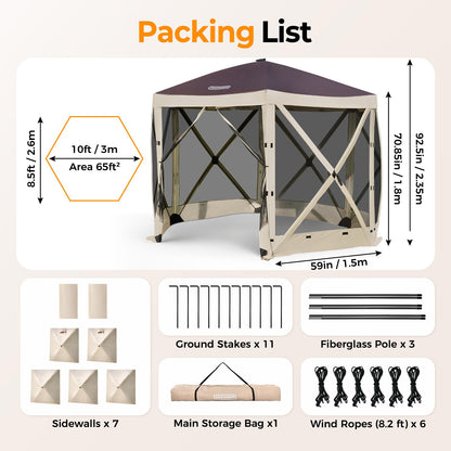 Tecoom 10x10ft 6-Side Pop Up Gazebo Tent, Waterproof Instant Screen with Mosquito Netting, Portable Outdoor Canopy with 4 Removable Wind Cloths, Sun Shelter for Camping, Garden and Picnics, Khaki