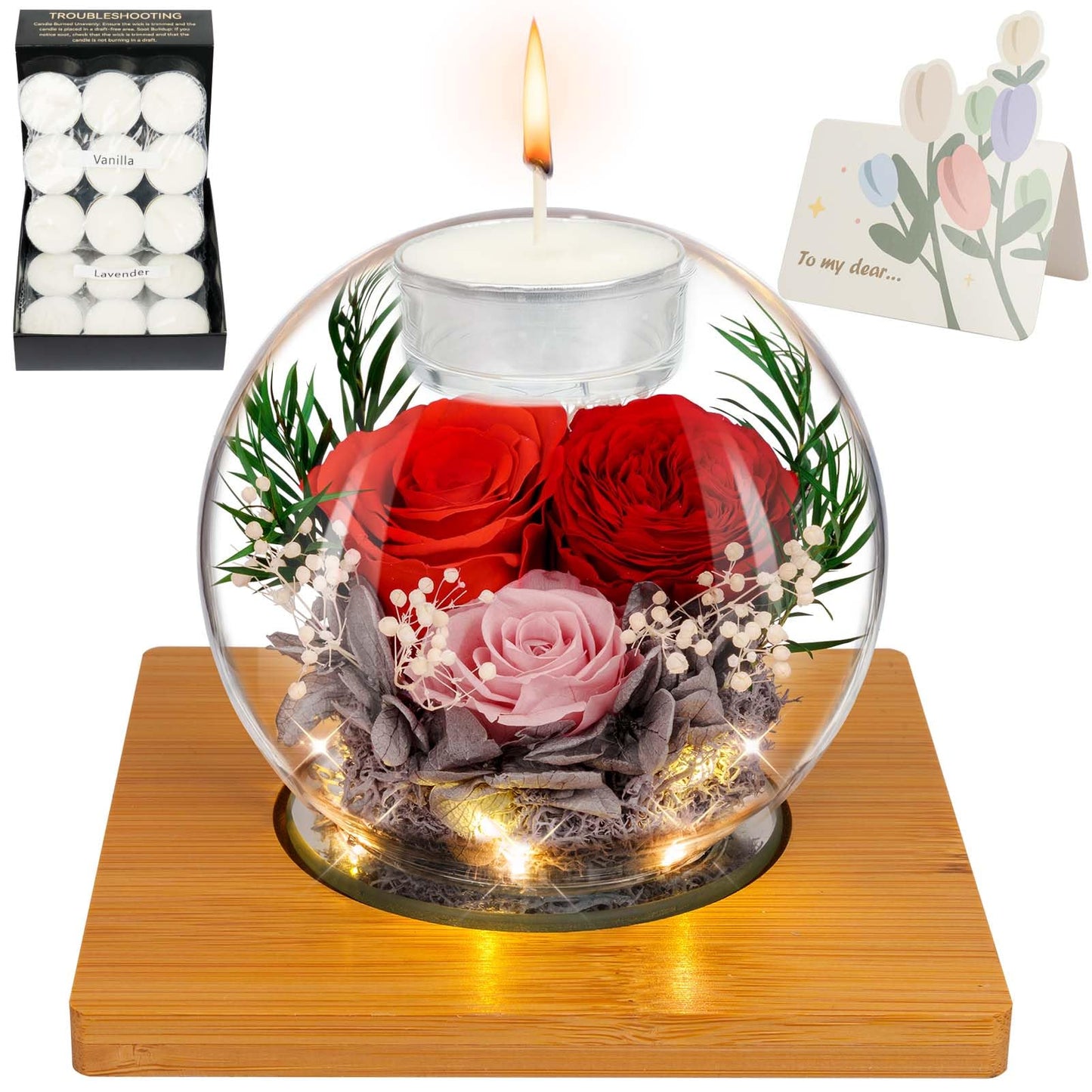 ENERLEAF Preserved Red Real Rose in Glass with Scented Candles – Forever Flower Romantic Anniversary Christmas Birthday Valentines for Mom, Women, Wife, Girlfriend, Her, Grandma