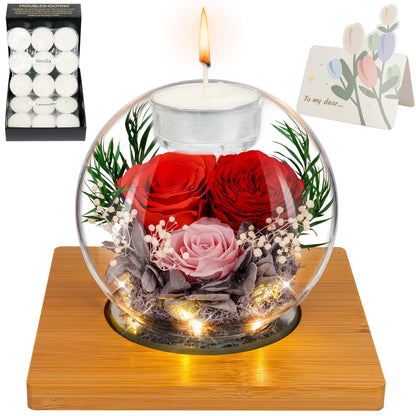 ENERLEAF Preserved Red Real Rose in Glass with Scented Candles – Forever Flower Romantic Anniversary Christmas Birthday Valentines for Mom, Women, Wife, Girlfriend, Her, Grandma