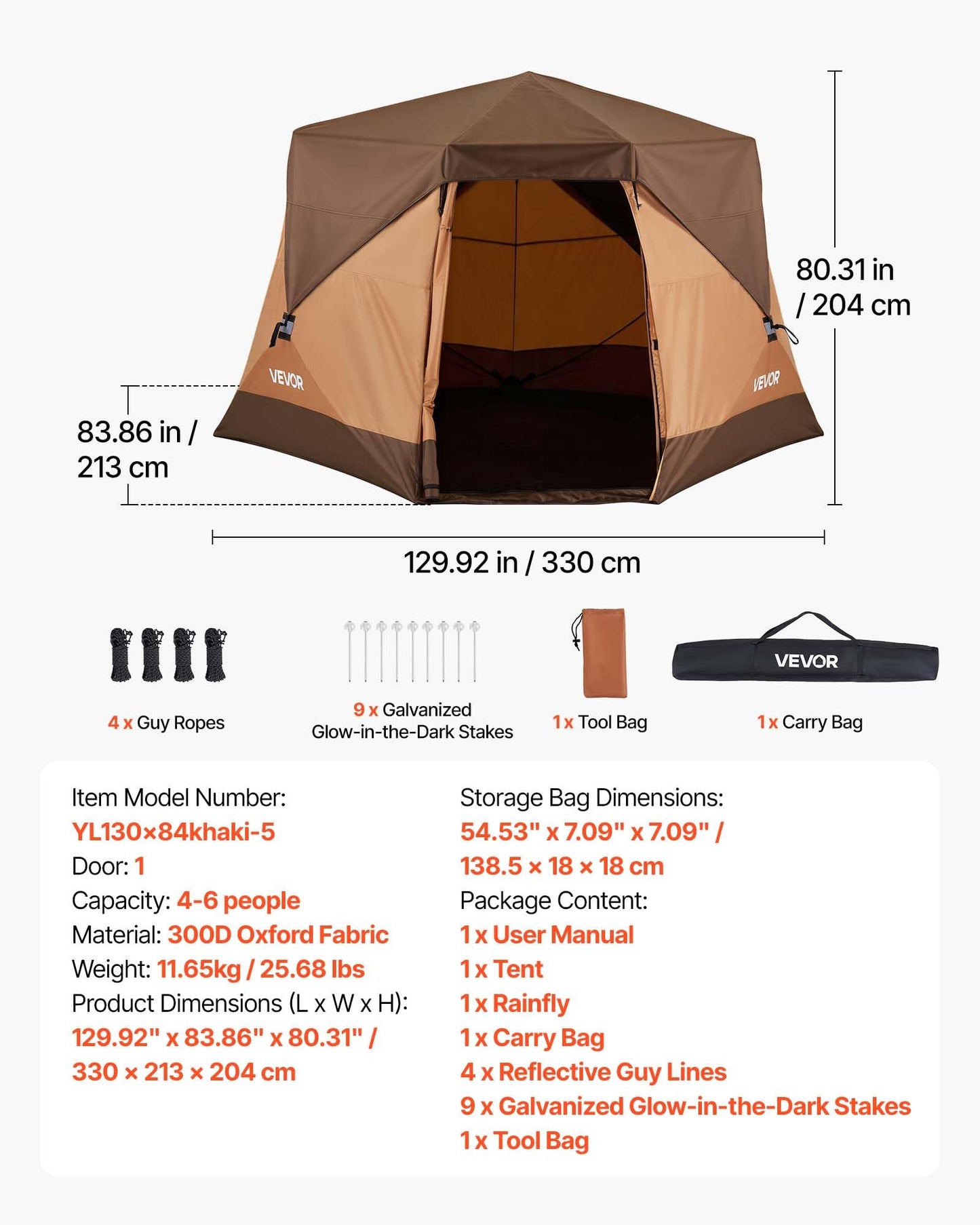 VEVOR Camping Tent, 6 Person Pop Up Instant Cabin Tent with Rainfly, Mesh Side & Top Windows, 60 Second Easy Setup, Portable Waterproof Cabin Hub Tents with Carry Bag for Family Outdoor Camping Hiking