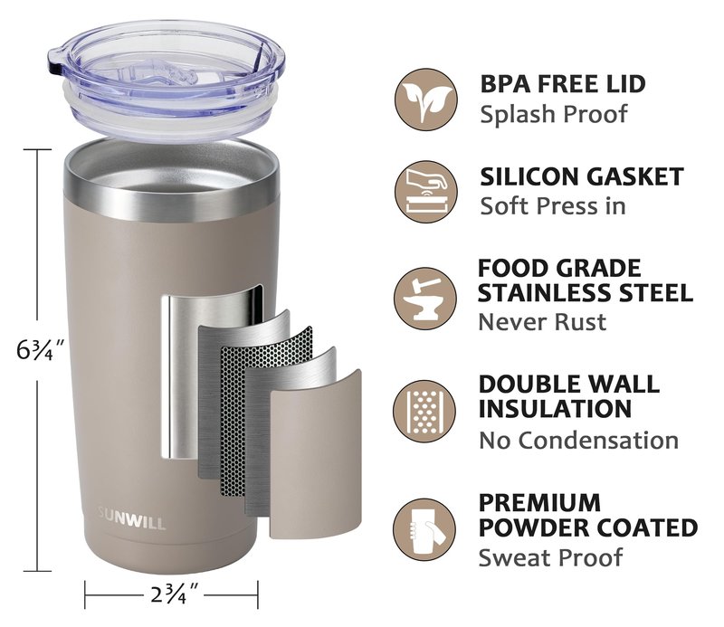 SUNWILL Travel Coffee Tumbler 20 oz, Insulated Mug with Lid, Stainless Steel Cup for Outdoor, Powder Coated Taupe