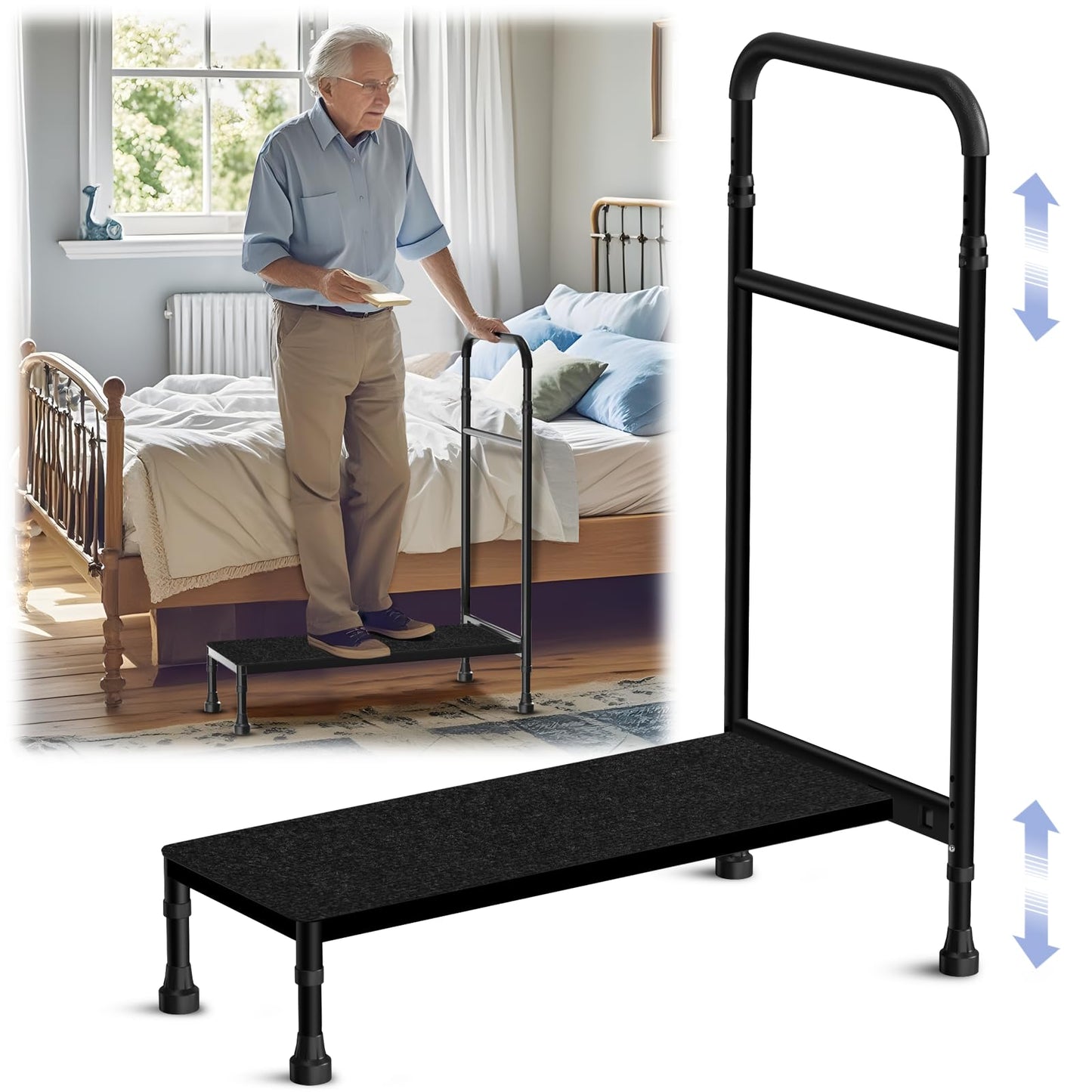 Zylorix 30.5'' Long Bedside Step Stool with Handle for Elderly Seniors Adults, Elderly Bed Step with Adjustable Height Handrails, Heavy Duty Bed Steps for High Beds, Bedside, Bathtub, Step, SUV