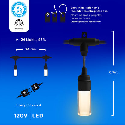 Enbrighten Modern Outdoor String Lights, 48ft, 24 Cylindrical Shatterproof Bulbs, Cool White 4000K, Weatherproof, Commercial Grade Patio Lighting, 87751