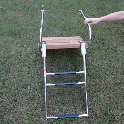 Telescoping 3-Step Swim Platform Ladder with Dual Handrails, Teak Stainless Steel Boat Boarding Ladder