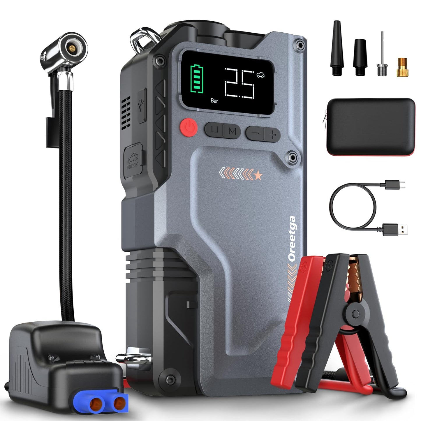 9000A Car Battery Charger Jump Starter with Air Compressor, 150PSI Tire Inflator Air Pump(All Gas/16L Diesel),12V Jump Box Car Battery with Smart Jumper Cables, LCD Display, Portable Power Pack