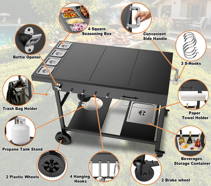 Barbqtime Pizza Oven Table with Topping Station, Outdoor Pizza Oven Cart, Grill Cart for Ninja, Cuisinart, Gozney, Movable BBQ Prep Table Station with Seasoning Tray for Patio, Kitchen, Backyard