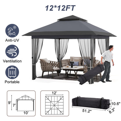 Garvee 12x12 Gazebo, Instant Outdoor Canopy Tent with Mosquito Netting, Screen Tent with 4 Ropes, 8 Stakes, 4 Sandbags and Wheeled Storage Bag, Shelter Canopy for Patio Garden Backyard, Gray