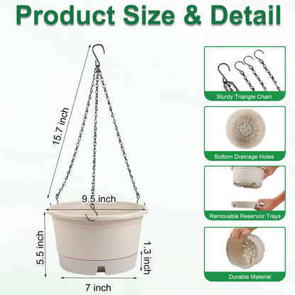 Svxtoby 10 Inch Hanging Planters for Indoor Plants, 4 Pack Plastic Hanging Baskets with Removable Trays & 15.7" Chain, Outdoor Hanging Plant Pot for Home Garden Porch Balcony Patio Decor (Beige)