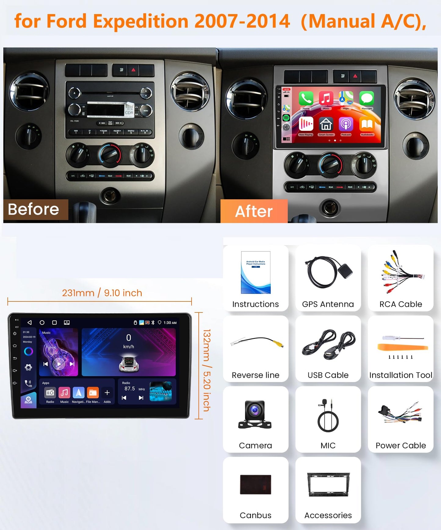 Rimoody 4G+64G Android 15 Car Stereo Radio for Ford Expedition 2007-2014（Manual A/C Wireless Carplay & Android Auto, 9 Inch Touchscreen GPS Navigation WiFi Bluetooth FM EQ Backup Camera