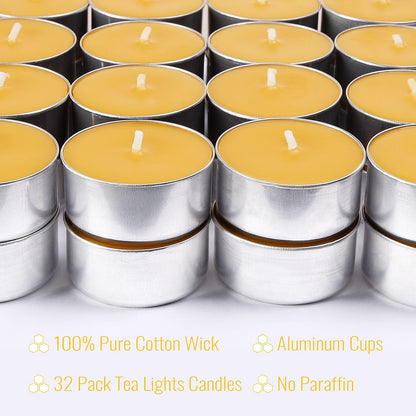 32 Packs Beeswax Tealight Candles,Natural Beeswax Tea Lights Candle in Aluminum Cups,4-5 Hour Burn Time,Unscented Smokeless Candles
