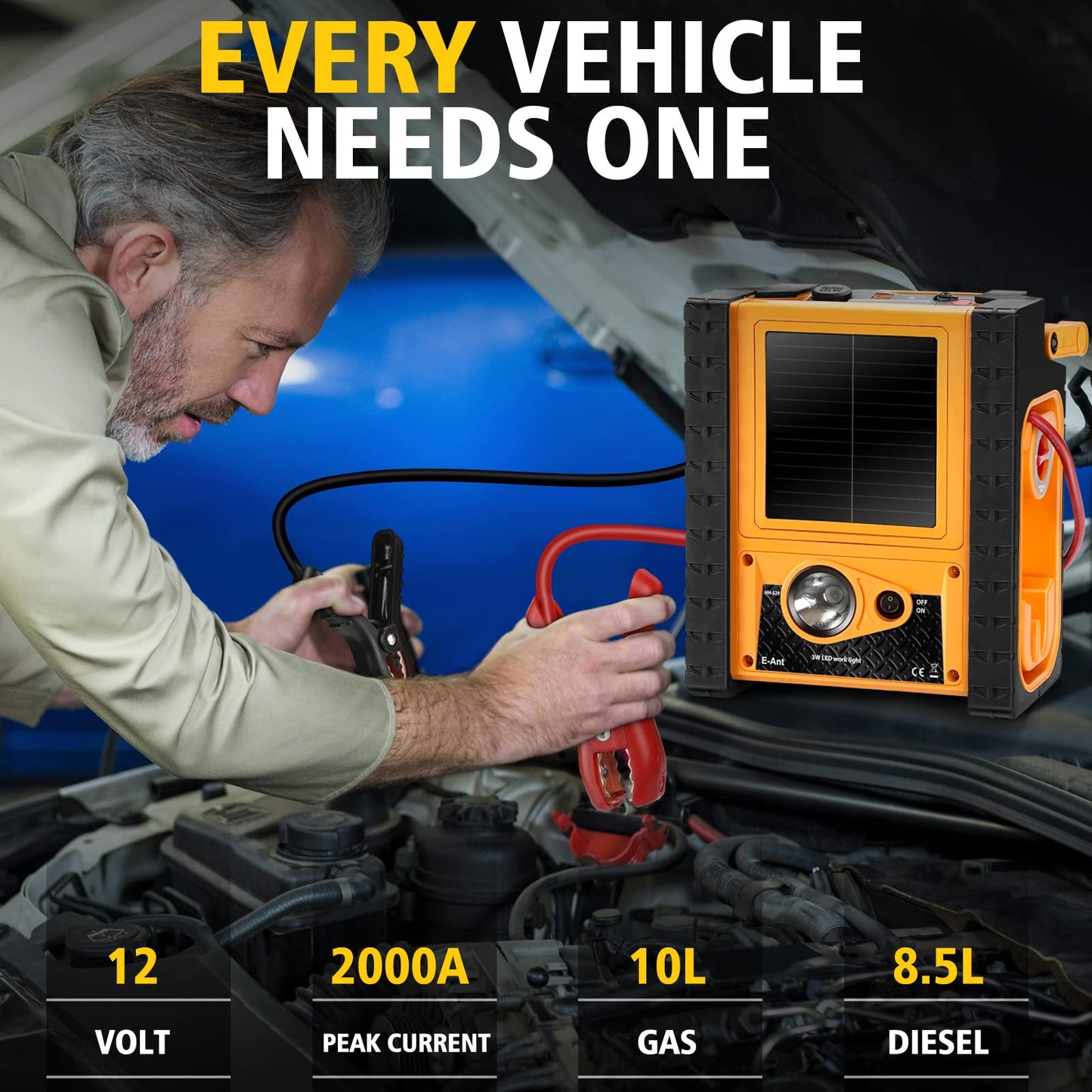 2000A Peak Jump Starter with Air Compressor, Portable Power Station with 400W Inverter, 12V Car Battery Booster for 8.5L Gas/Diesel Engines