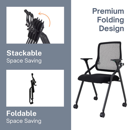 BLANEDUO Updated Conference Room Chairs, Folding Office Desk Chair with Lumbar Support and Sliding Armrest with Casters, Stackable Office Guest Chairs & Reception Chairs, 1 Pack Black