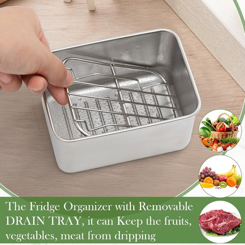 Hushee 3-Piece Stainless Steel Food Storage Containers - Airtight with Removable Drain Tray | 30 oz, 5.12 x 3.74 x 2.76 Inch