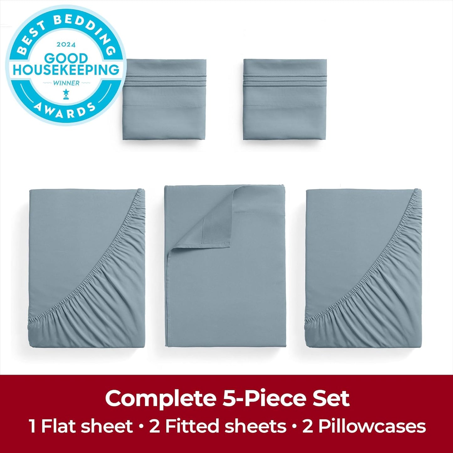Mellanni Extra Deep Split King Sheets - 5 PC Hotel Luxury Bedding Set | Ultra Soft, Cooling, Spa Blue