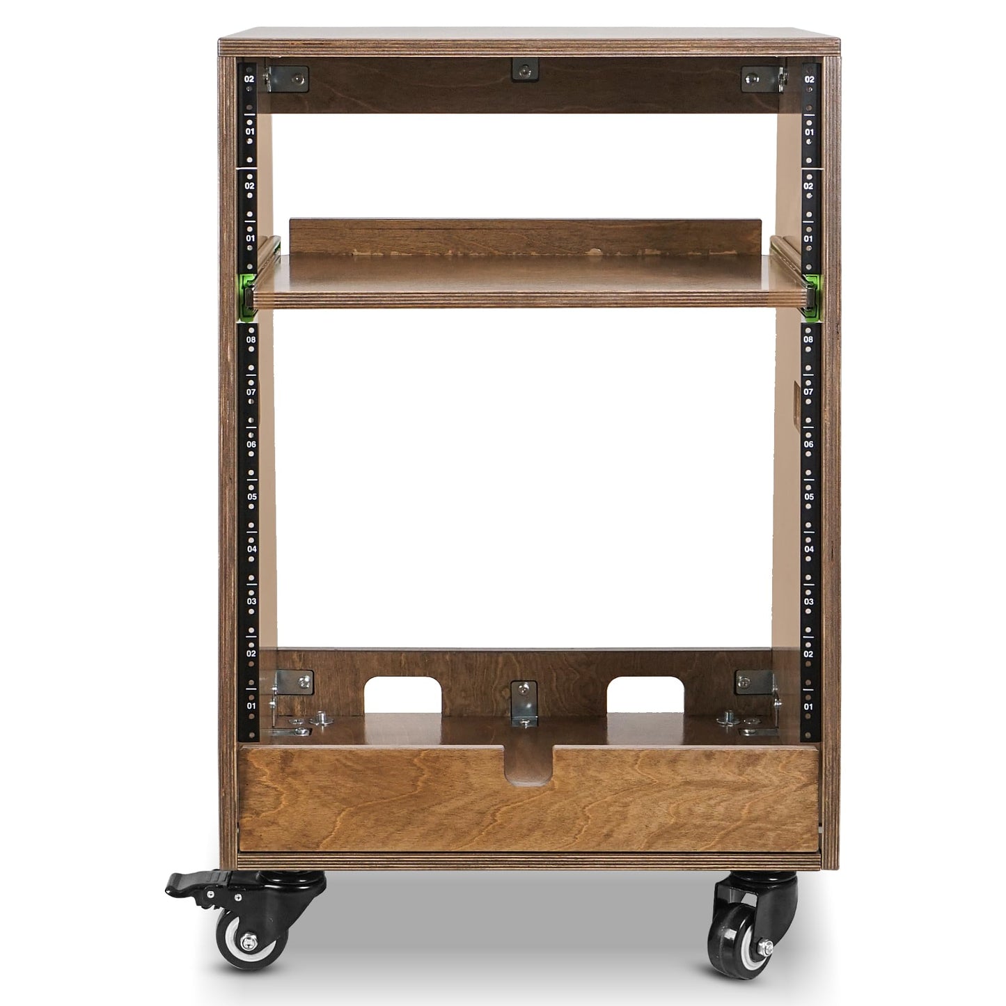 Sound Town DIY Slanted 12U Studio Rack (4U Top + 8U Lower), with 2U Bottom Storage, Slide-Out Tray, Caster, Plywood, Weathered Brown for Recording Room, Home Studio (SDRK-ST12TB)