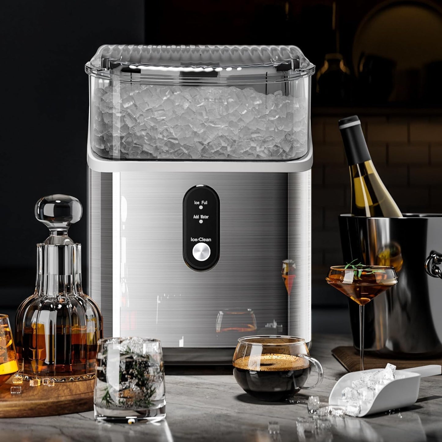 Nugget Countertop Ice Maker, Self-Cleaning Portable Ice Maker Machine, Crushed Ice Maker Countertop with Self-Cleaning Function/Ice Basket/Ice Scoop for Home & Kitchen & Office(Sliver)