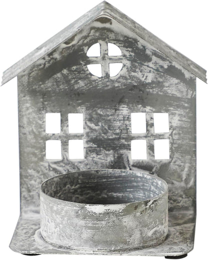 Antique Grey Metal Village House Tealight Holder - 3.25x2.75x2 Inch Decorative Accent