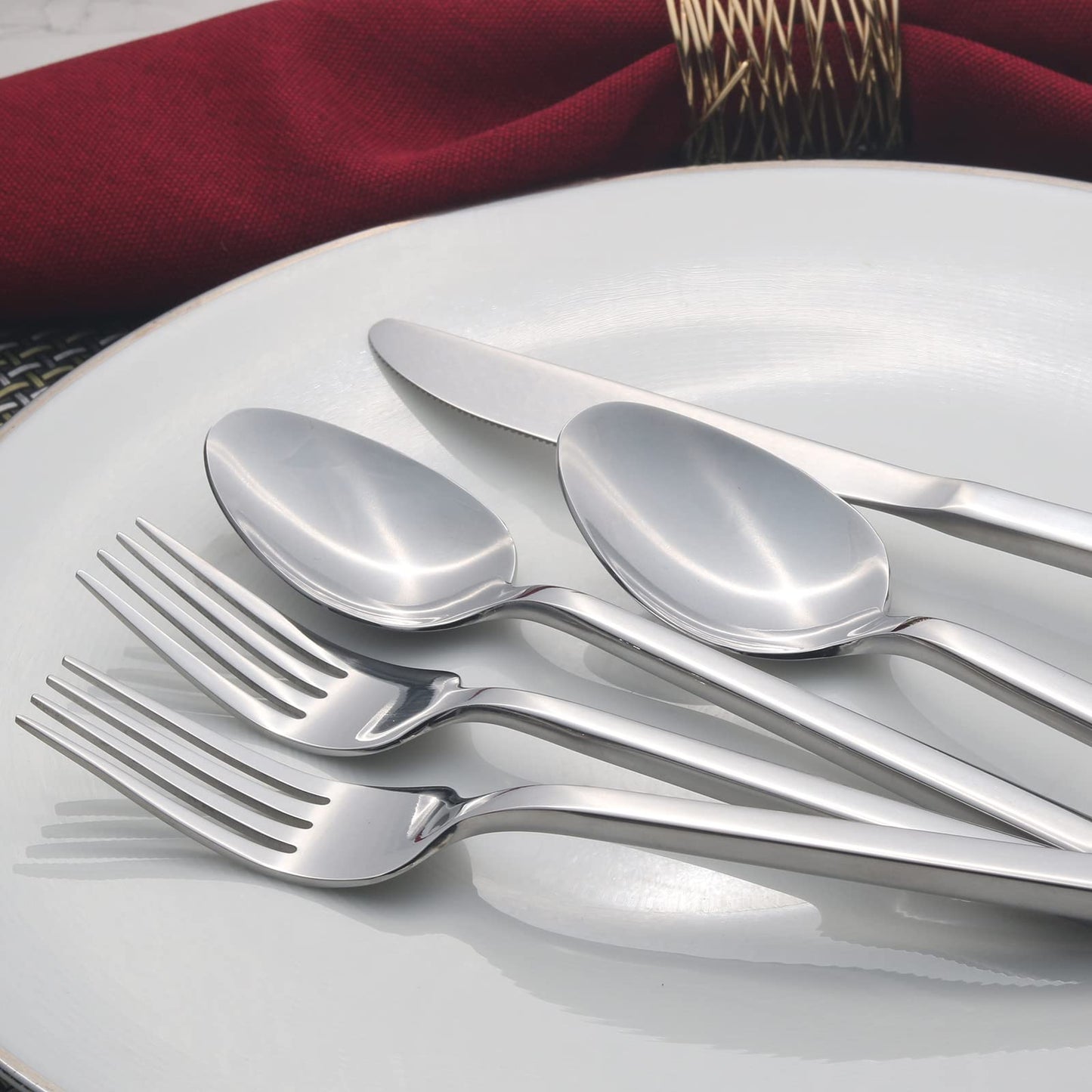 Alata Cube 60-Piece Forged Stainless Steel Flatware Set Cutlery Set, Silverware Set Service for 12, Mirror Finish, Dishwasher Safe