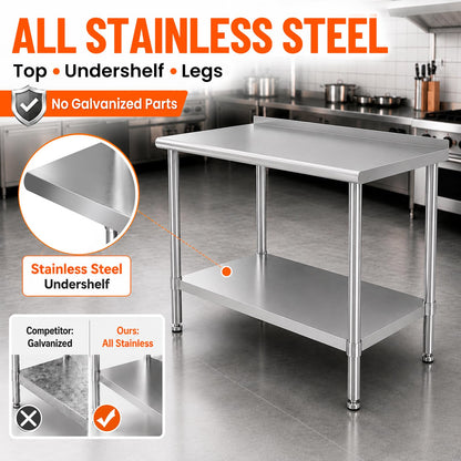 HOCCOT All Stainless Steel Work Table Heavy Duty Prep Table 24x48 Inch with Stainless Steel Undershelf Backsplash Replaceable Feet(Without Caster) Commercial Workstation for Restaurant Kitchen Outdoor