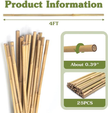 HAINANSTRY 4FT Bamboo Plant Stakes - 25Pcs Sturdy Garden Support for Indoor/Outdoor Climbing Plants