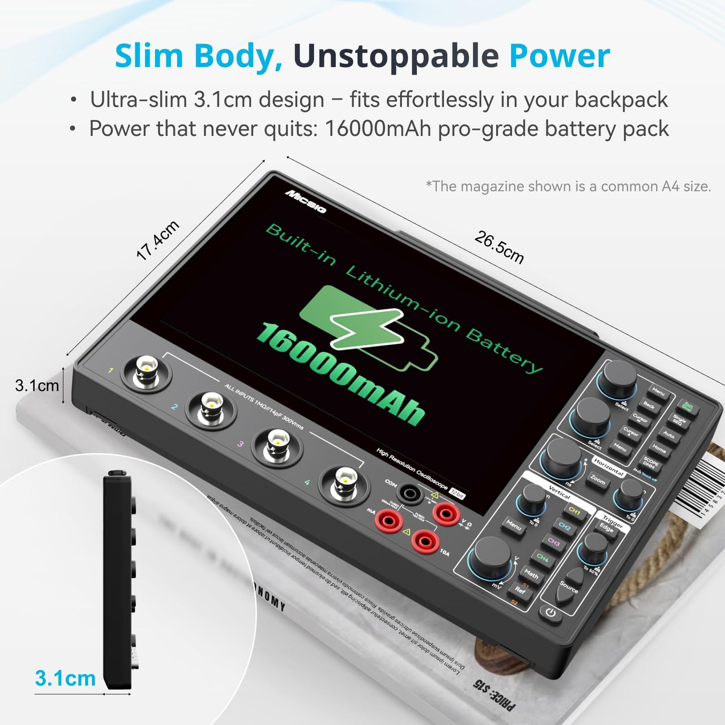 SainSmart Micsig 12-bit High Resolution Tablet Oscilloscope MHO1, 100MHz Bandwidth, ≤3.5ns Rise Time, 4 Channels, Integrated 4 5/6 Digit Multimeter, 1GSa/s, 8” HD Touch Screen & 16000mAh Battery