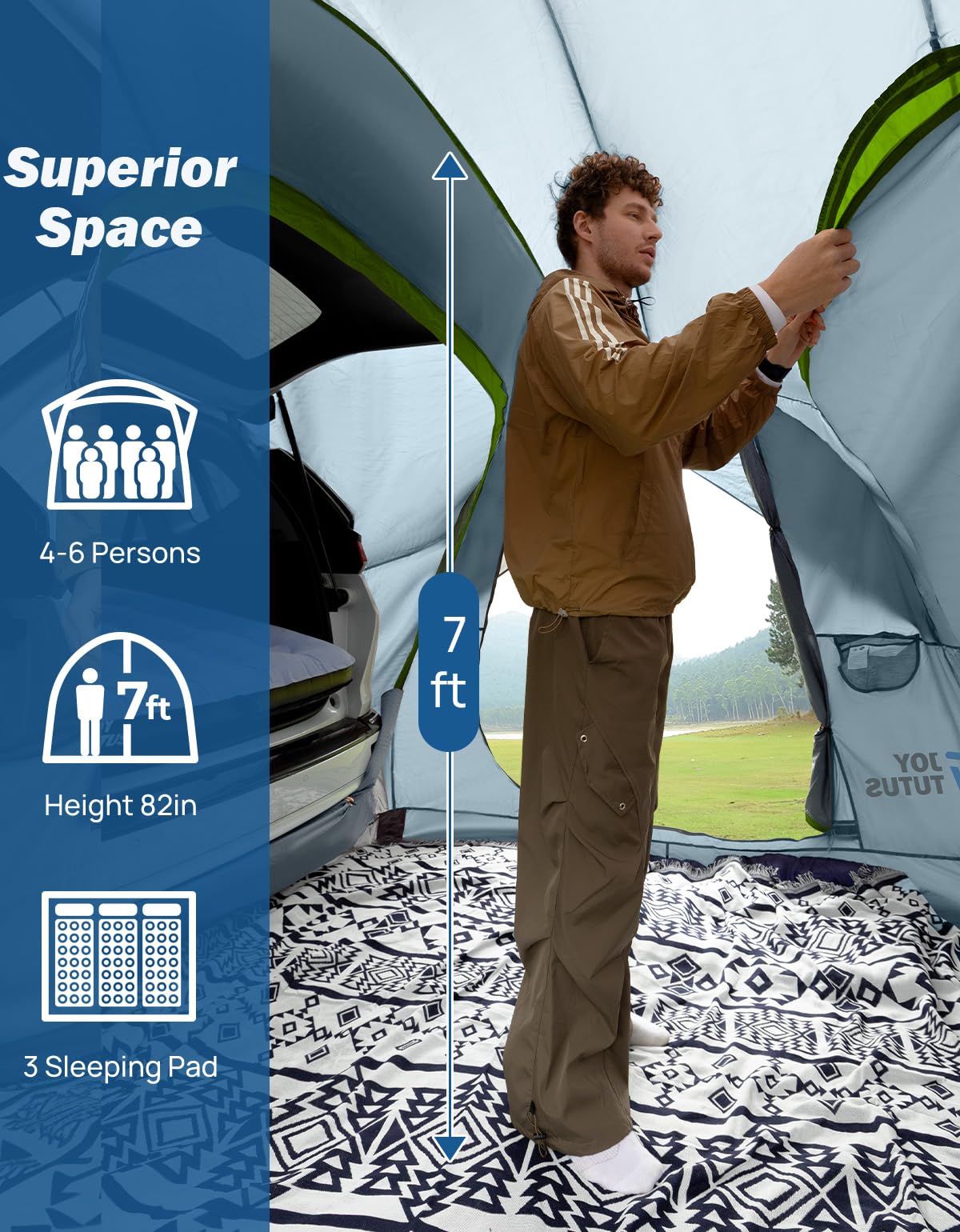 JOYTUTUS SUV Tent for Camping with Rainfly, Double Door Design Car Tent with Aluminum Poles, SUV Tailgate Tent with Waterproof PU2000mm Double Layer for 4-8 Person, Green