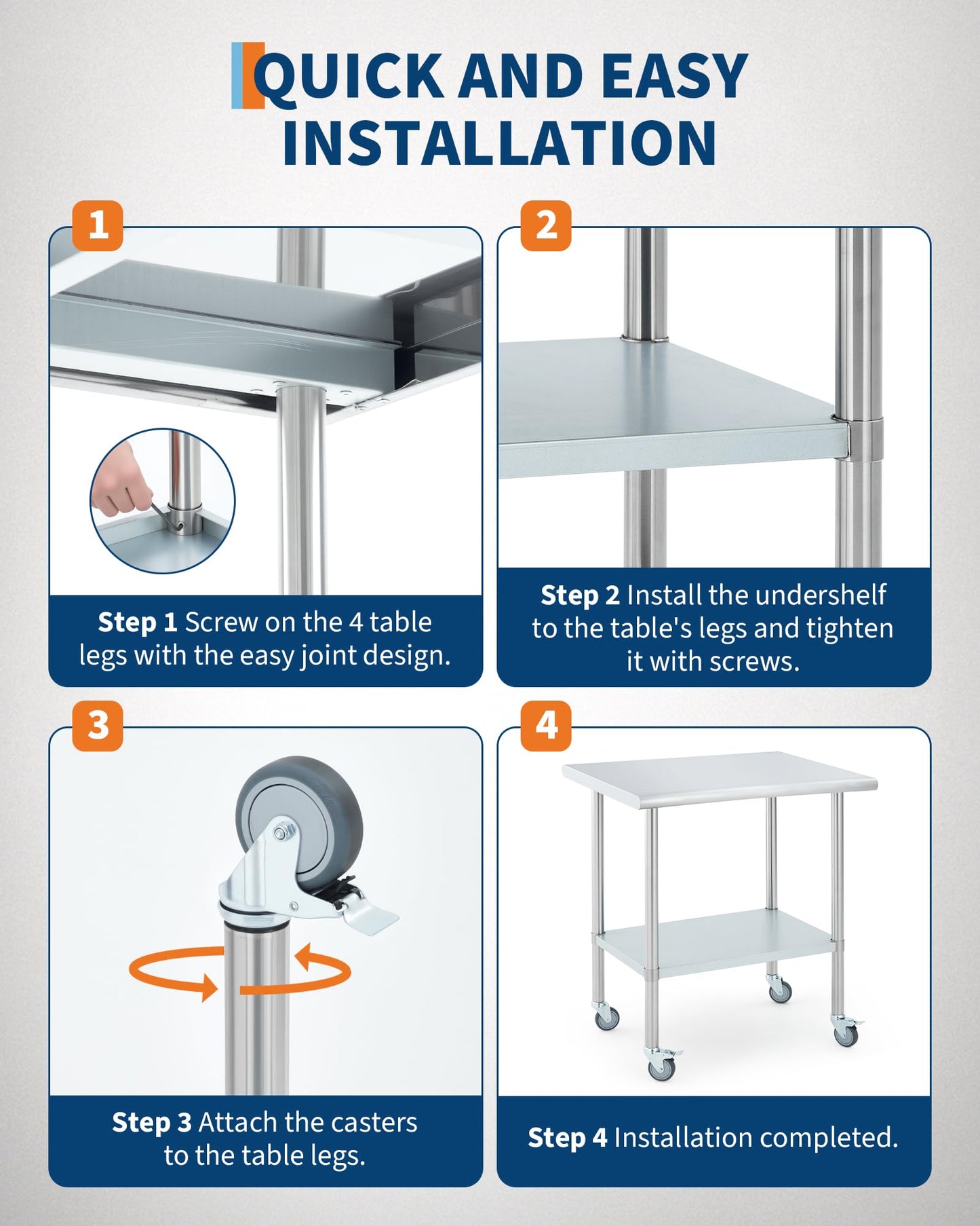 Garvee Stainless Steel Prep Table 24x30 Inch, Commercial Kitchen Worktable with 4 Caster Wheels and Adjustable Undershelf, Heavy Duty Metal Food Prep Table for Restaurant Garage Outdoor Works