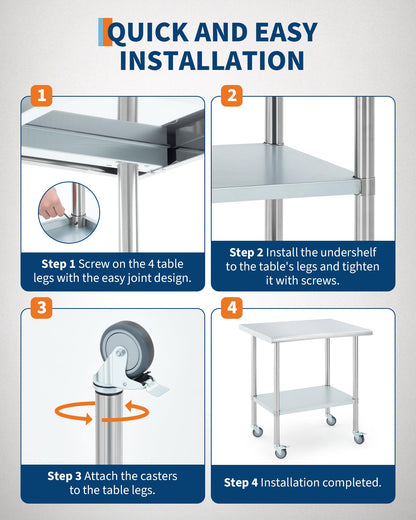Garvee Stainless Steel Prep Table 24x30 Inch, Commercial Kitchen Worktable with 4 Caster Wheels and Adjustable Undershelf, Heavy Duty Metal Food Prep Table for Restaurant Garage Outdoor Works
