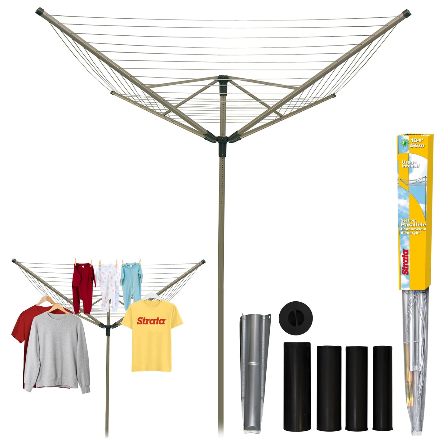 Strata 184 FT Outdoor Umbrella Clothesline - Heavy Duty Silver Aluminum Rotary Clothesline Line with Ground Spike & Socket for Outdoor Laundry Drying, Clothes, Sheets & Towels